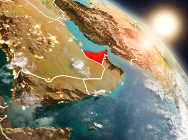 Birleşik Arap Emirlikleri Planet Earth görünür ülke sınırları ile uzaydan yukarıda gün batımı. 3D çizim. Nasa tarafından döşenmiş bu görüntü unsurları.