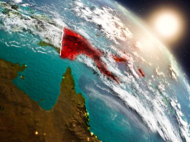 Papua Yeni Gine Planet Earth görünür ülke sınırları ile uzaydan yukarıda gün batımı. 3D çizim. Nasa tarafından döşenmiş bu görüntü unsurları.