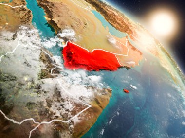 Günbatımı Yemen Planet Earth görünür ülke sınırları ile uzaydan yukarıda. 3D çizim. Nasa tarafından döşenmiş bu görüntü unsurları.