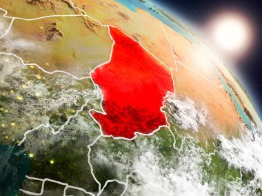 Günbatımı Chad Planet Earth görünür ülke sınırları ile uzaydan yukarıda. 3D çizim. Nasa tarafından döşenmiş bu görüntü unsurları.