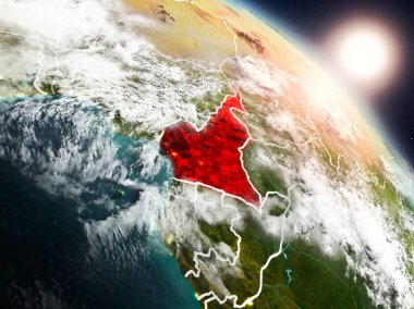 Günbatımı Kamerun Planet Earth görünür ülke sınırları ile uzaydan yukarıda. 3D çizim. Nasa tarafından döşenmiş bu görüntü unsurları.