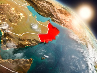 Günbatımı Umman Planet Earth görünür ülke sınırları ile uzaydan yukarıda. 3D çizim. Nasa tarafından döşenmiş bu görüntü unsurları.