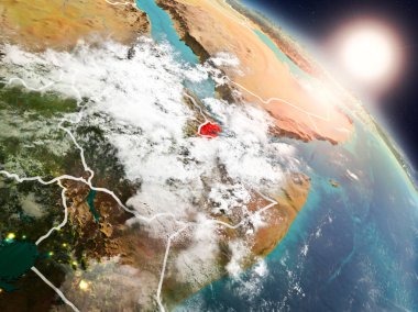 Günbatımı Cibuti Planet Earth görünür ülke sınırları ile uzaydan yukarıda. 3D çizim. Nasa tarafından döşenmiş bu görüntü unsurları.