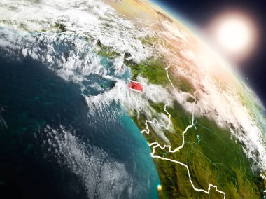 Ekvator Ginesi Planet Earth görünür ülke sınırları ile uzaydan yukarıda gün batımı. 3D çizim. Nasa tarafından döşenmiş bu görüntü unsurları.