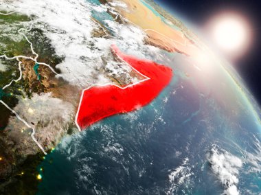 Günbatımı Somali Planet Earth görünür ülke sınırları ile uzaydan yukarıda. 3D çizim. Nasa tarafından döşenmiş bu görüntü unsurları.