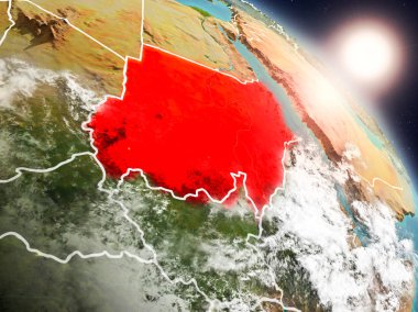 Günbatımı Sudan Planet Earth görünür ülke sınırları ile uzaydan yukarıda. 3D çizim. Nasa tarafından döşenmiş bu görüntü unsurları.