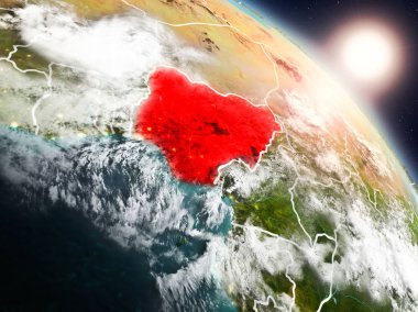 Günbatımı Nijerya Planet Earth görünür ülke sınırları ile uzaydan yukarıda. 3D çizim. Nasa tarafından döşenmiş bu görüntü unsurları.
