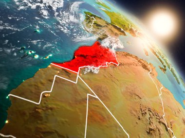 Günbatımı Fas Planet Earth görünür ülke sınırları ile uzaydan yukarıda. 3D çizim. Nasa tarafından döşenmiş bu görüntü unsurları.