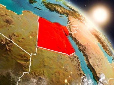 Günbatımı Mısır Planet Earth görünür ülke sınırları ile uzaydan yukarıda. 3D çizim. Nasa tarafından döşenmiş bu görüntü unsurları.