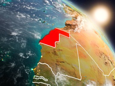 Günbatımı Batı Sahra Planet Earth görünür ülke sınırları ile uzaydan yukarıda. 3D çizim. Nasa tarafından döşenmiş bu görüntü unsurları.