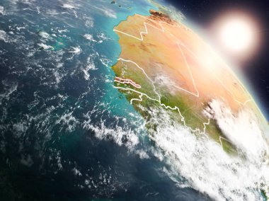 Günbatımı Gambiya Planet Earth görünür ülke sınırları ile uzaydan yukarıda. 3D çizim. Nasa tarafından döşenmiş bu görüntü unsurları.