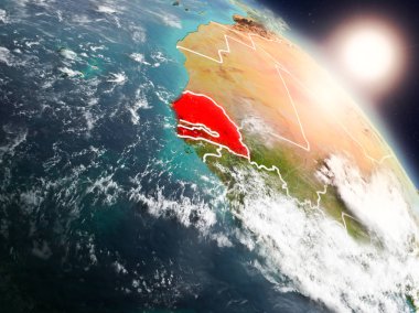 Günbatımı Senegal Planet Earth görünür ülke sınırları ile uzaydan yukarıda. 3D çizim. Nasa tarafından döşenmiş bu görüntü unsurları.