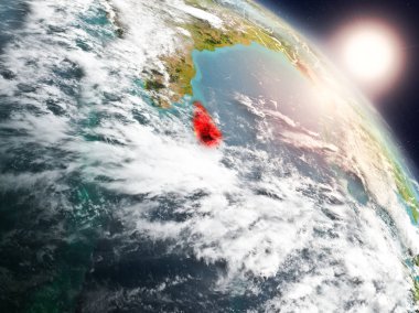 Günbatımı Sri Lanka Planet Earth görünür ülke sınırları ile uzaydan yukarıda. 3D çizim. Nasa tarafından döşenmiş bu görüntü unsurları.