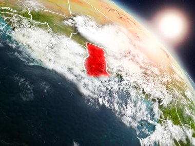 Günbatımı Gana Planet Earth görünür ülke sınırları ile uzaydan yukarıda. 3D çizim. Nasa tarafından döşenmiş bu görüntü unsurları.