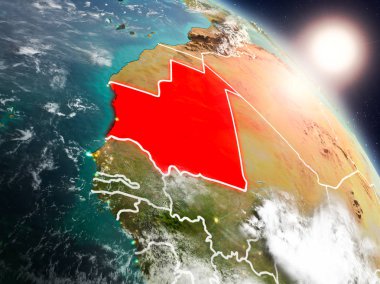 Günbatımı Moritanya Planet Earth görünür ülke sınırları ile uzaydan yukarıda. 3D çizim. Nasa tarafından döşenmiş bu görüntü unsurları.