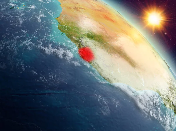 Sunrise yukarıda Sierra Leone modeli gezegeninin uzaydaki bir kırmızı vurgulanır. 3D çizim. Nasa tarafından döşenmiş bu görüntü unsurları.