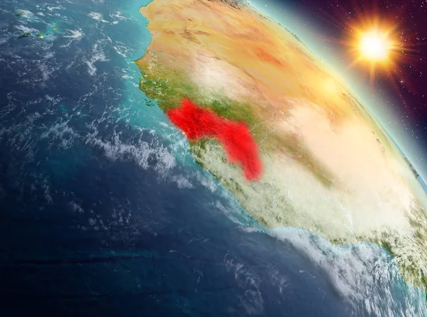 Sunrise modeli gezegeninin uzaydaki bir kırmızı vurgulanır Gine yukarıda. 3D çizim. Nasa tarafından döşenmiş bu görüntü unsurları.