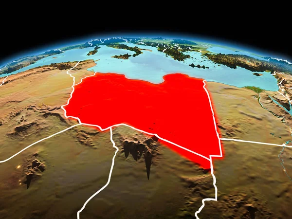 Sabah modeli görünür kenarlık çizgisi ve şehir ışıkları ile uzayda Dünya gezegeninin bir kırmızı vurgulanır Libya yukarıda. 3D çizim. Nasa tarafından döşenmiş bu görüntü unsurları.