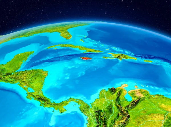 Uydu görüntüsü Jamaika Planet Earth kırmızı vurgulanır. 3D çizim. Nasa tarafından döşenmiş bu görüntü unsurları.