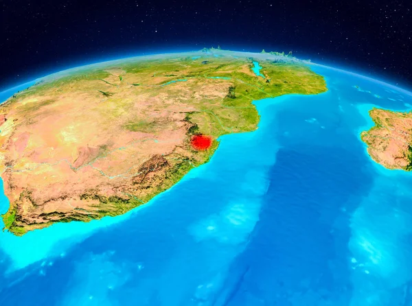 Satellite view of Swaziland highlighted in red on planet Earth. 3D illustration. Elements of this image furnished by NASA.