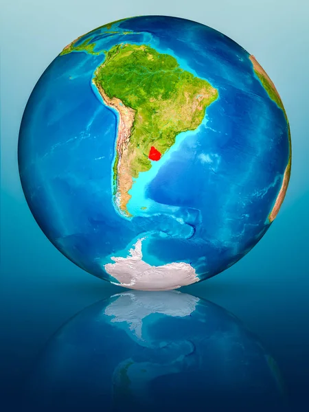 Ουρουγουάη Κόκκινο Χρώμα Στο Μοντέλο Του Πλανήτη Ανακλαστική Επιφάνεια Μπλε — Φωτογραφία Αρχείου
