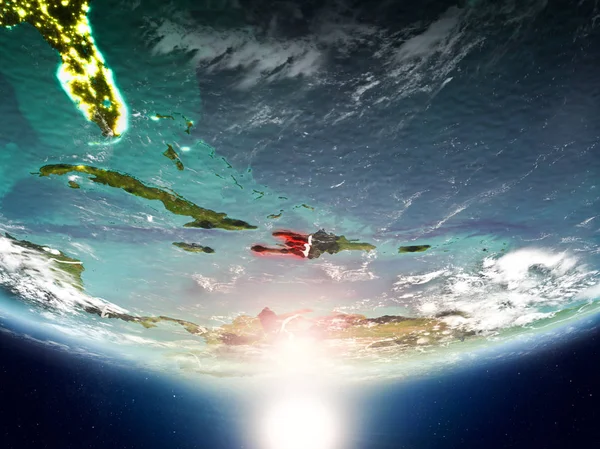 Sunrise son derece detaylı yüzey dokuları ve görünür ülke sınırları ile Dünya gezegeninin yörüngesine Haiti'den. 3D çizim. Nasa tarafından döşenmiş bu görüntü unsurları.