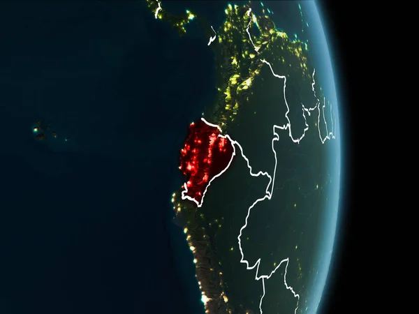 Map of Ecuador in red as seen from space on planet Earth at night with white borderlines and city lights. 3D illustration. Elements of this image furnished by NASA.