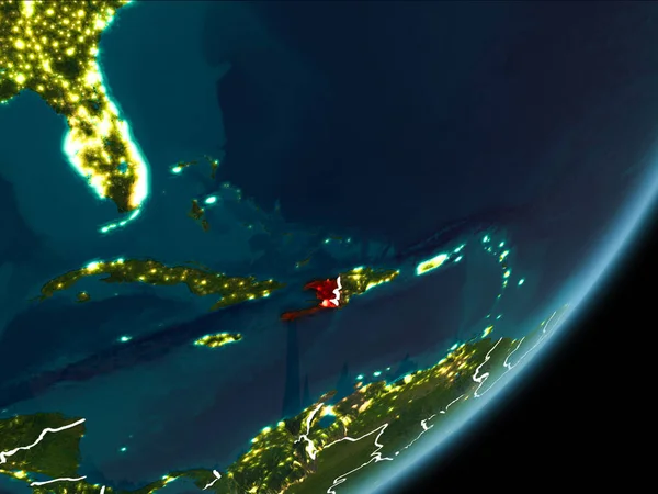 Planet Earth Earth yörüngeden geceleri görüldüğü gibi Haiti kırmızı görünür Kenarlıklar ve şehir ışıkları vurgulanır. 3D çizim. Nasa tarafından döşenmiş bu görüntü unsurları.