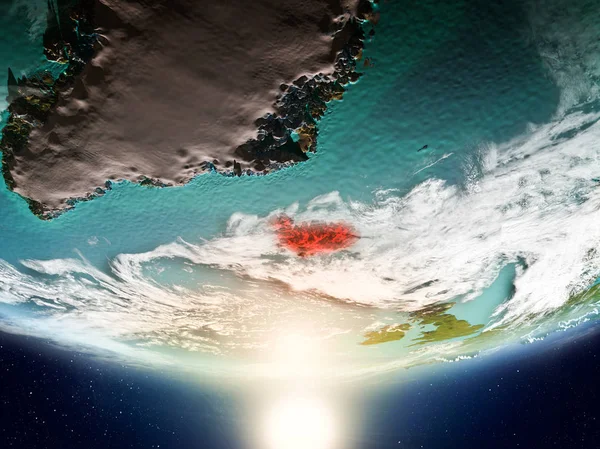 İzlanda'dan gündoğumu son derece detaylı yüzey dokuları ve görünür ülke sınırları içinde Dünya gezegeninin yörüngesinde. 3D çizim. Nasa tarafından döşenmiş bu görüntü unsurları.