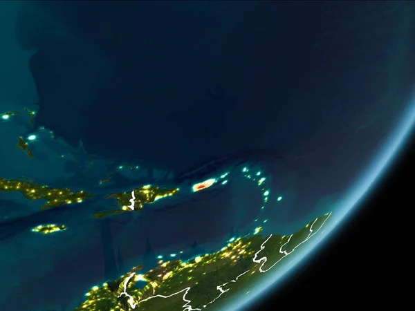 Puerto Rico as seen from Earth orbit on planet Earth at night highlighted in red with visible borders and city lights. 3D illustration. Elements of this image furnished by NASA.