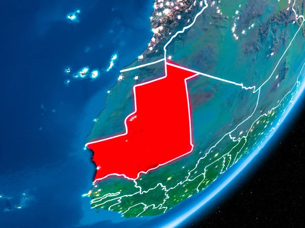 Mauritania Rosso Sul Pianeta Terra Notte Con Confini Visibili Luci — Foto Stock