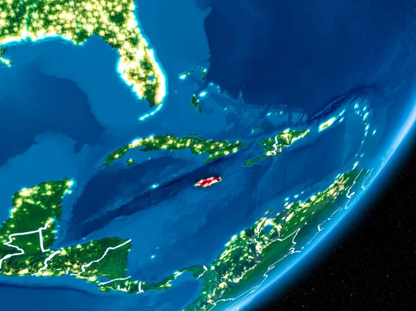 Red Planet Earth görünür sınır çizgileri ve şehir ışıkları ile gece Jamaika'da. 3D çizim. Nasa tarafından döşenmiş bu görüntü unsurları.