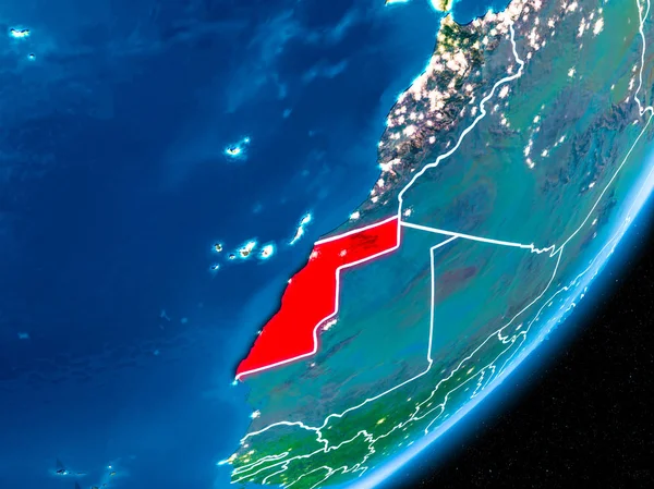 Sahara Occidentale Rosso Sul Pianeta Terra Notte Con Confini Visibili — Foto Stock