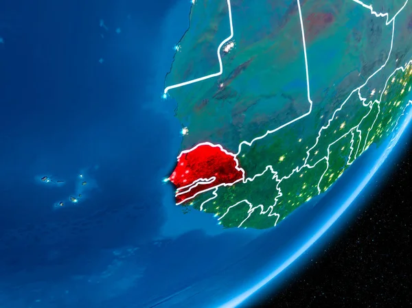 Senegal kırmızı Planet Earth görünür sınır çizgileri ve şehir ışıkları ile gece. 3D çizim. Nasa tarafından döşenmiş bu görüntü unsurları.