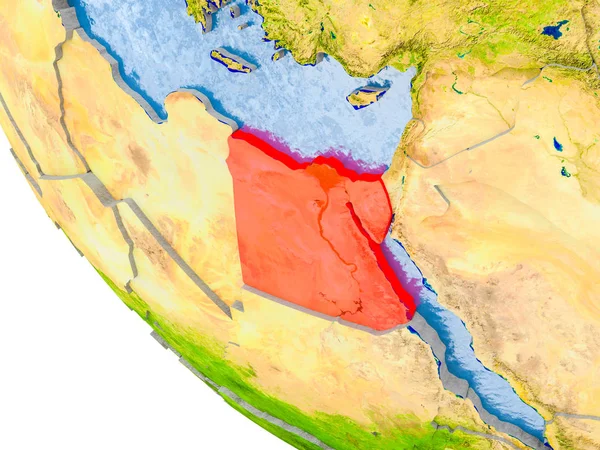 Mısır Haritası dünya gerçek gezegenin yüzeyi ile görünür ülke sınırları ve okyanusların su ile kabarık ülkeler üzerinde kırmızı. 3D çizim. Nasa tarafından döşenmiş bu görüntü unsurları.
