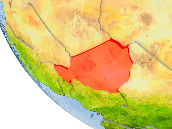 Map of Niger in red on globe with real planet surface, embossed countries with visible country borders and water in the oceans. 3D illustration. Elements of this image furnished by NASA.