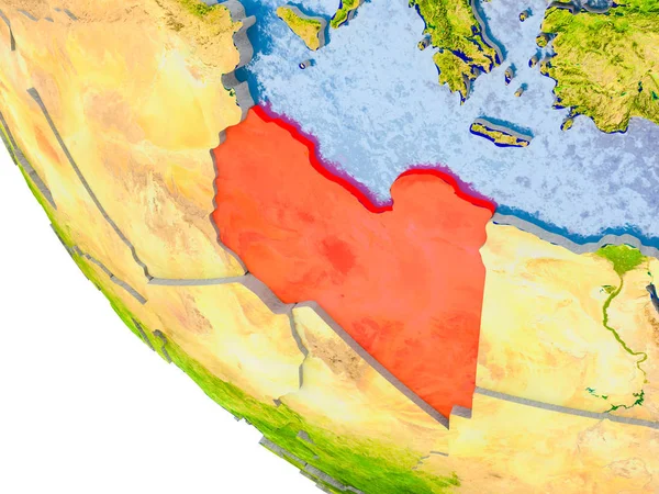 Map of Libya in red on globe with real planet surface, embossed countries with visible country borders and water in the oceans. 3D illustration. Elements of this image furnished by NASA.