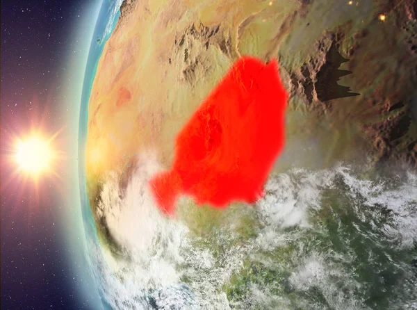 Gezegeni uzaydan günbatımı sırasında görülen Nijer. 3D çizim. Nasa tarafından döşenmiş bu görüntü unsurları.