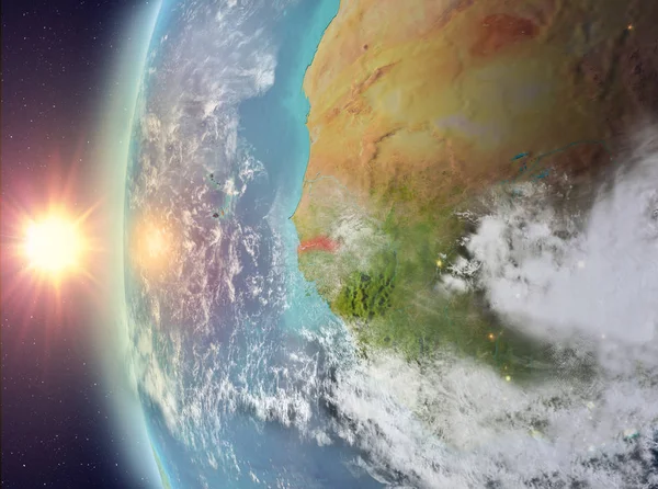 Gezegeni uzaydan günbatımı sırasında görülen Gambiya. 3D çizim. Nasa tarafından döşenmiş bu görüntü unsurları.