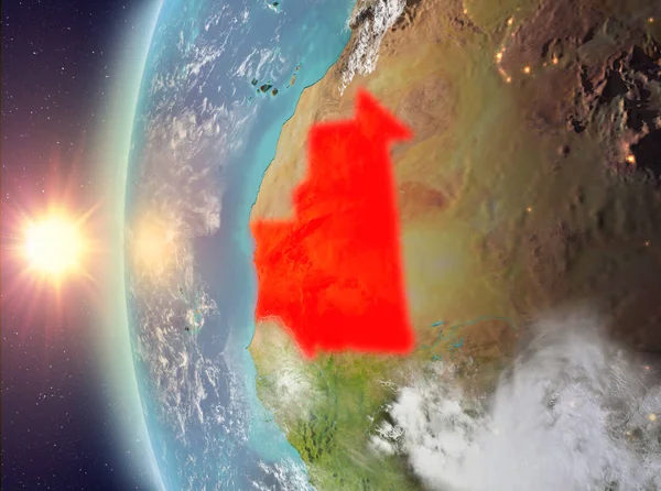 Gezegeni uzaydan günbatımı sırasında görülen Moritanya. 3D çizim. Nasa tarafından döşenmiş bu görüntü unsurları.