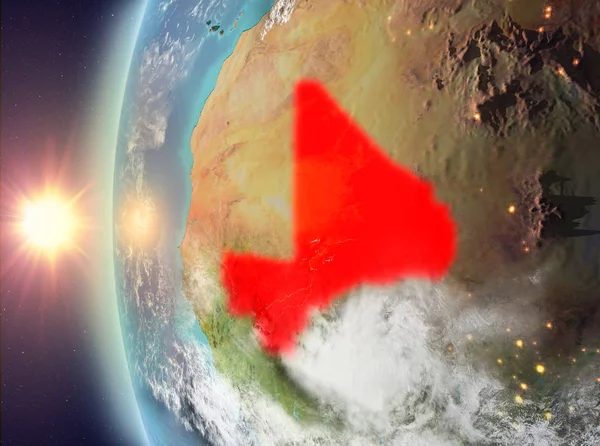 Gezegeni uzaydan günbatımı sırasında görülen Mali. 3D çizim. Nasa tarafından döşenmiş bu görüntü unsurları.