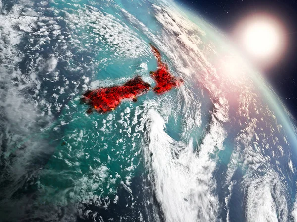 Yeni Zelanda Planet Earth görünür ülke sınırları ile uzaydan yukarıda gün batımı. 3D çizim. Nasa tarafından döşenmiş bu görüntü unsurları.