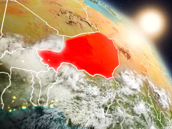 Günbatımı Nijer Planet Earth görünür ülke sınırları ile uzaydan yukarıda. 3D çizim. Nasa tarafından döşenmiş bu görüntü unsurları.