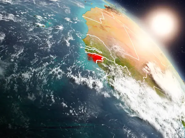 Gine-Bissau Planet Earth görünür ülke sınırları ile uzaydan yukarıda gün batımı. 3D çizim. Nasa tarafından döşenmiş bu görüntü unsurları.