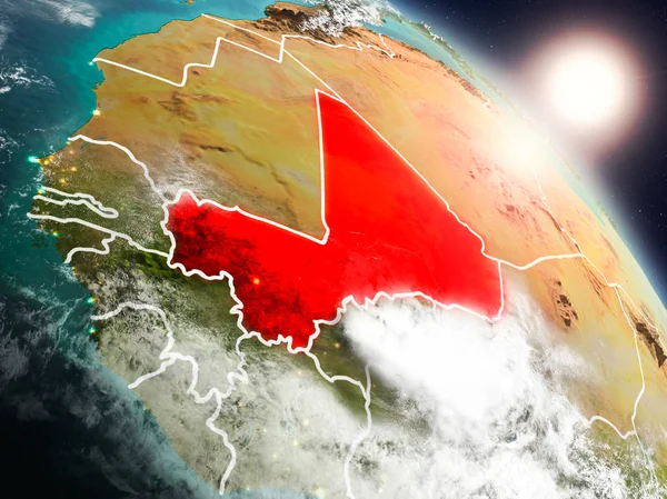 Günbatımı Mali Planet Earth görünür ülke sınırları ile uzaydan yukarıda. 3D çizim. Nasa tarafından döşenmiş bu görüntü unsurları.