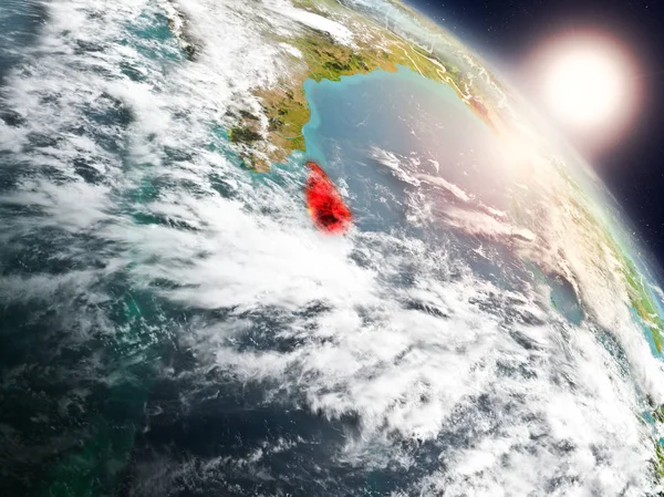 Günbatımı Sri Lanka Planet Earth görünür ülke sınırları ile uzaydan yukarıda. 3D çizim. Nasa tarafından döşenmiş bu görüntü unsurları.