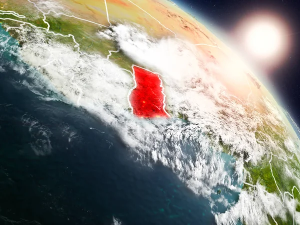 Günbatımı Gana Planet Earth görünür ülke sınırları ile uzaydan yukarıda. 3D çizim. Nasa tarafından döşenmiş bu görüntü unsurları.