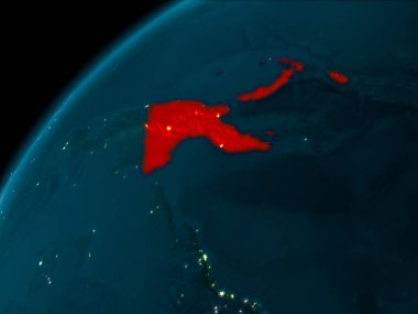 Gece harita, Papua Yeni Gine gezegeni uzaydan görüldü. 3D çizim. Nasa tarafından döşenmiş bu görüntü unsurları.