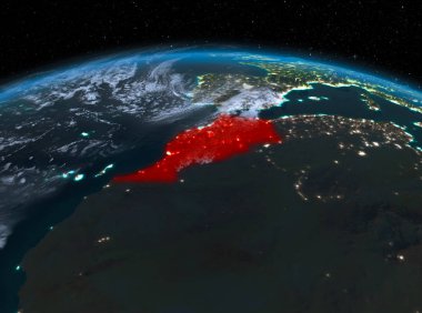 Uydu gece görünümü Fas red Planet Earth bulutlar ile vurgulanır. 3D çizim. Nasa tarafından döşenmiş bu görüntü unsurları.