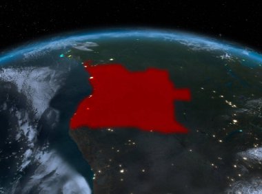 Uydu gece görünümü Angola red Planet Earth bulutlar ile vurgulanır. 3D çizim. Nasa tarafından döşenmiş bu görüntü unsurları.